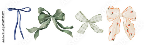 Watercolor ribbon bows isolated clipart set. Hand painted decorative satin and fabric bows for invitations, gift wrapping, branding, stationery, scrapbooking, fabric and wedding designs.