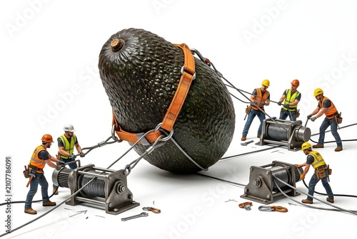 Miniature workers move large avocado with machinery and ropes