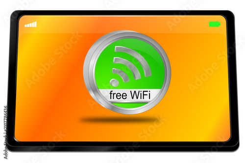 Tablet computer with free wireless WiFi button - 3D illustration