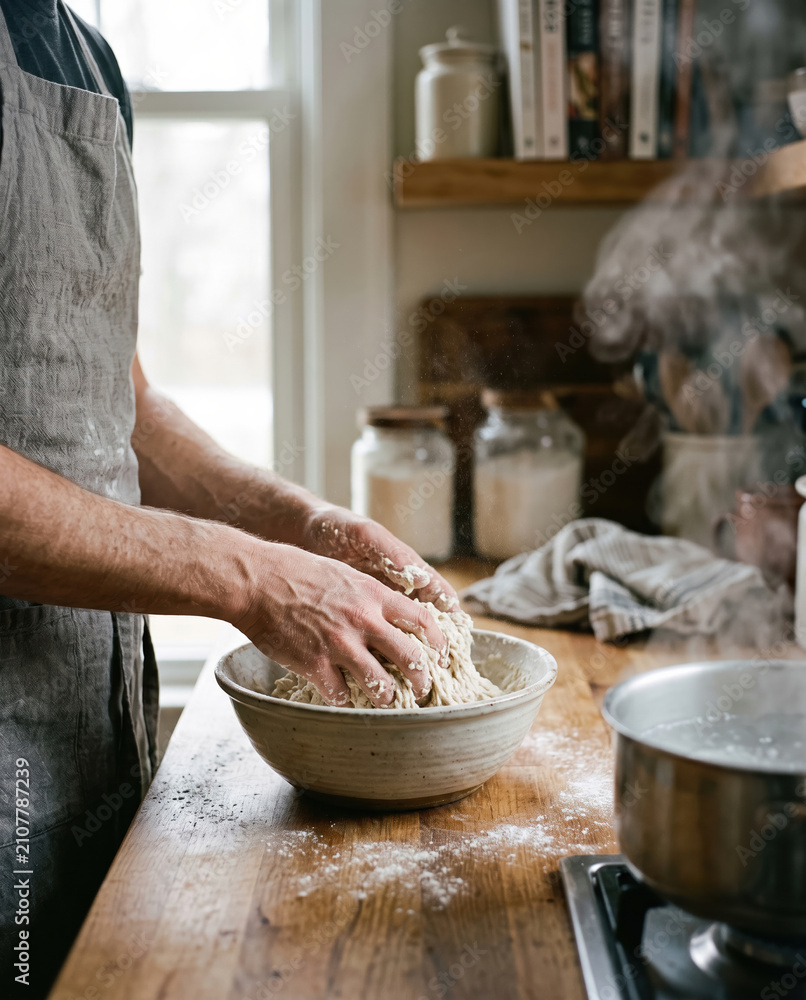 Fototapeta premium Close Up Of Man Kneading Fresh Dough In Ceramic Bowl On Wooden Kitchen Counter