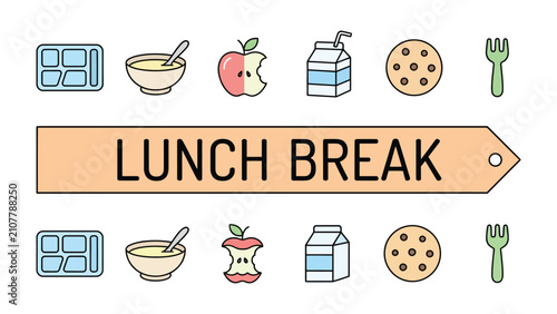 Canvastavla Lunch Break Illustration: A charming illustration depicting a midday meal with various food icons and a clear Lunch Break sign, symbolizing a pause for sustenance and rest