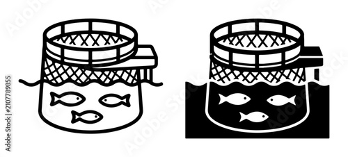 Fish Farming Aquaculture Cages, Aquatic Agriculture, Seafood Production Icons. Set of two simple vector illustrations depicting fish in underwater cages.