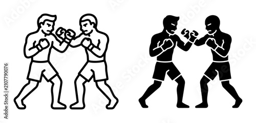 Bild auf Leinwand Two Boxers Fighting Silhouette and Outline Icons, Combat Sports, Martial Arts, A