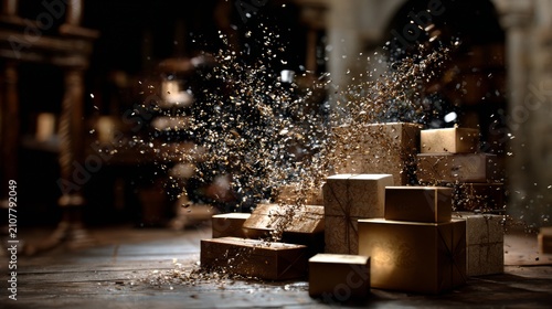 Wooden Boxes with Floating Dust Particles in Rustic Workshop