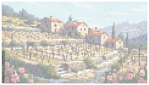 Foto A vibrant and picturesque village scene on a mountain slope, rendered in a distinctive dotted pattern, featuring historic homes