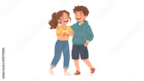 Foto Joyful Friends Laughing Together: A young boy and girl, radiating happiness, share a moment of pure joy, their laughter echoing as they embrace