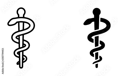 Medical Caduceus Symbol, Rod of Asclepius Icon Set, Healthcare and Pharmacy Emblem, Black and White Vector Graphics