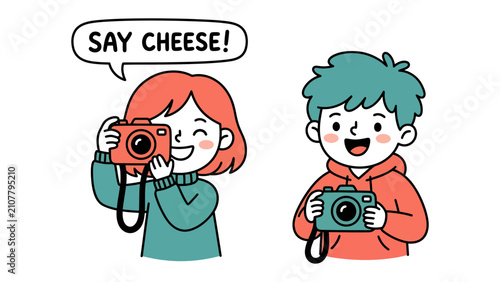 Canvastavla Say Cheese Moment: Two cheerful children, one with red hair and the other with turquoise hair, joyfully hold up cameras and smile, ready to capture a memory