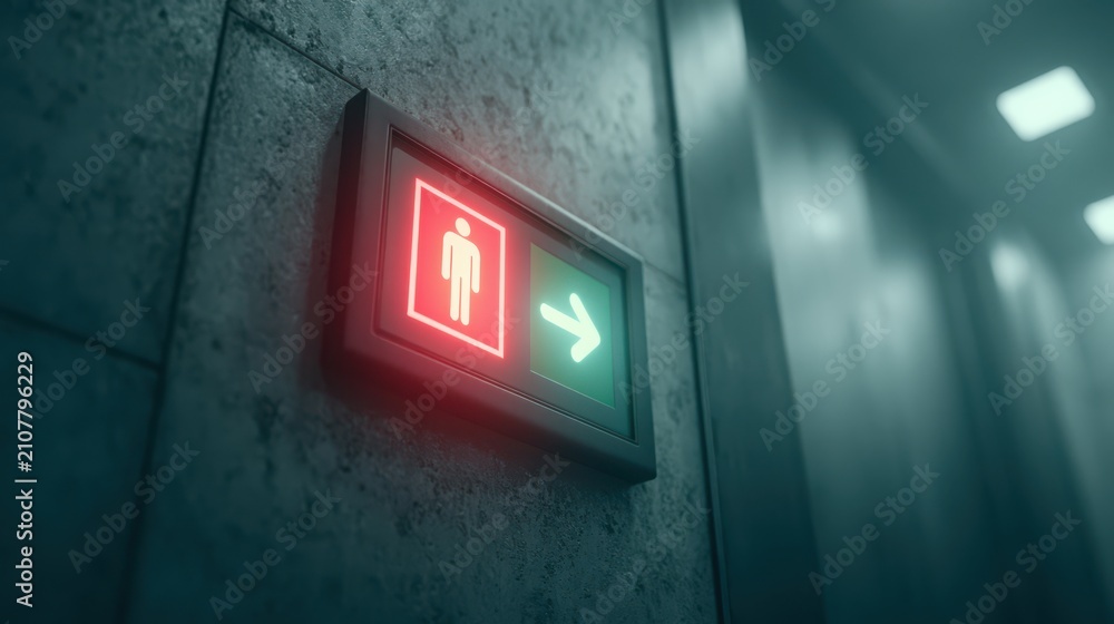 Obraz premium A glowing restroom sign on a textured wall shows a red male figure with a green arrow pointing right in a dimly lit corridor.
