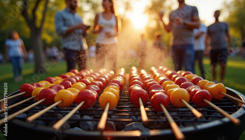 Grilled vegetable and tomato skewers on a charcoal barbecue at a sunset park picnic with friends socializing for summer event catering, backyard party menu and outdoor dining promotion