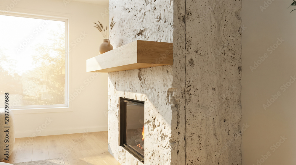 Obraz premium Close up architectural detail showing thick textured white stone fireplace with burning fire and solid oak wooden mantelpiece inside contemporary sunny house