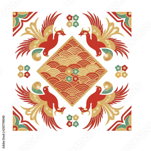Traditional Phoenix and Wave Pattern