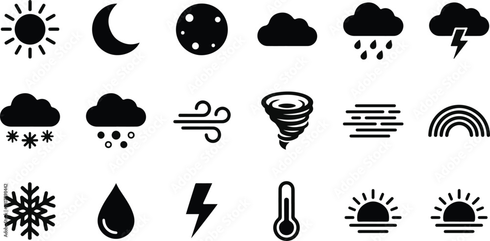 Obraz premium Set of black weather icons featuring various meteorological symbols isolated on a white background for digital interface or web design use.