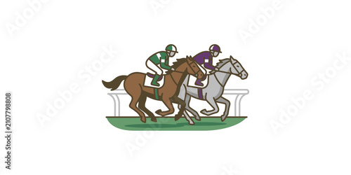 Illustration of two jockeys riding horses in a competitive race.
