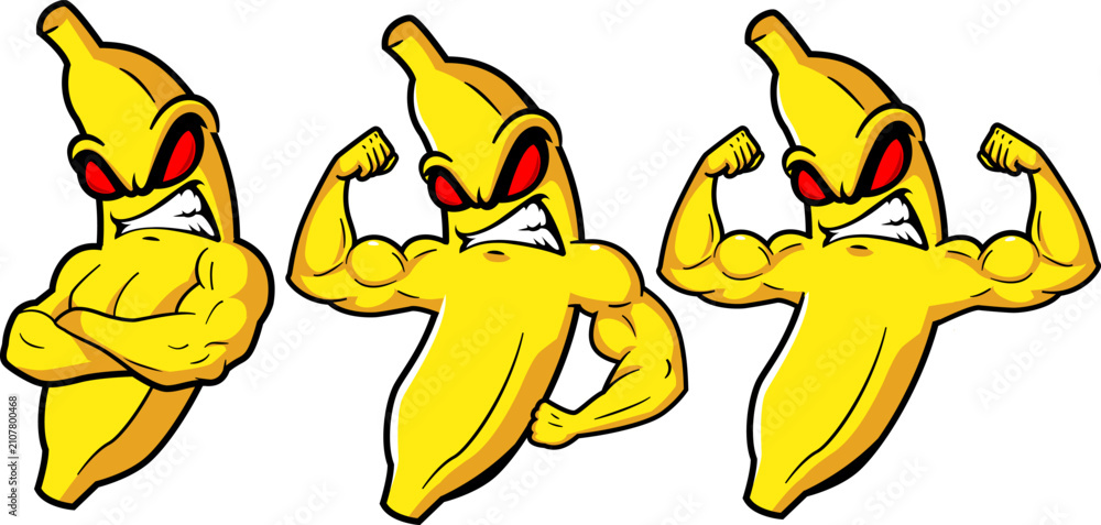 Fototapeta premium Strong Muscular Banana Mascot Character Flexing Biceps Vector Illustration Set