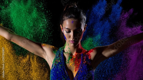 Woman Surrounded by Vibrant Colored Powder Clouds
