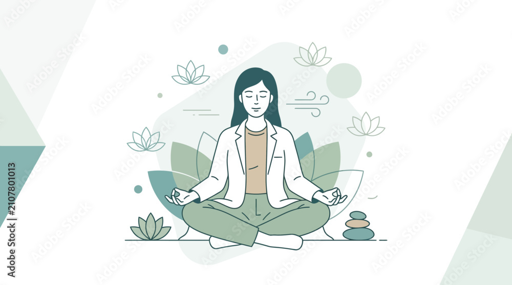 Obraz premium Woman in Lotus Pose Meditating Surrounded by Lotus Flowers and Zen Stones, Calm and Serene Illustration