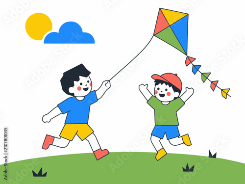 Happy Kids Flying a Kite – Outdoor Play Flat Vector Illustration
