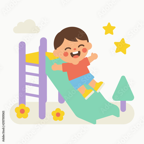 Happy Child Sliding Down Playground Slide – Cute Kids Flat Vector Illustration