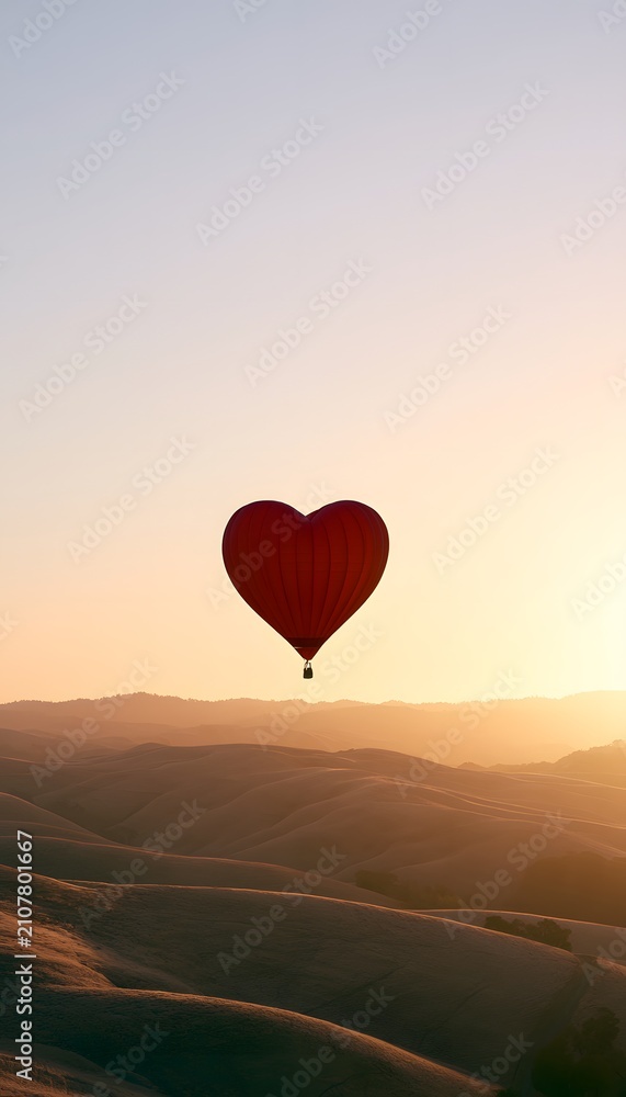 Obraz premium Romantic heart balloon floats over golden hills at sunset evoking wonder and peaceful dreamy feelings