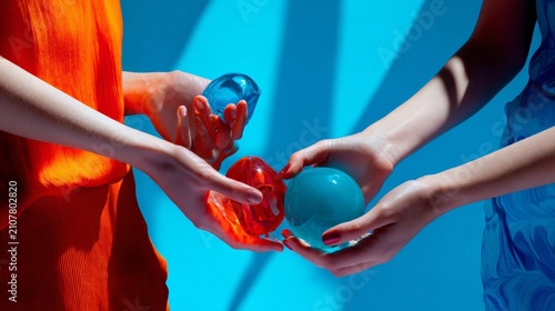 Hands Exchanging Colorful Glass Spheres in Studio