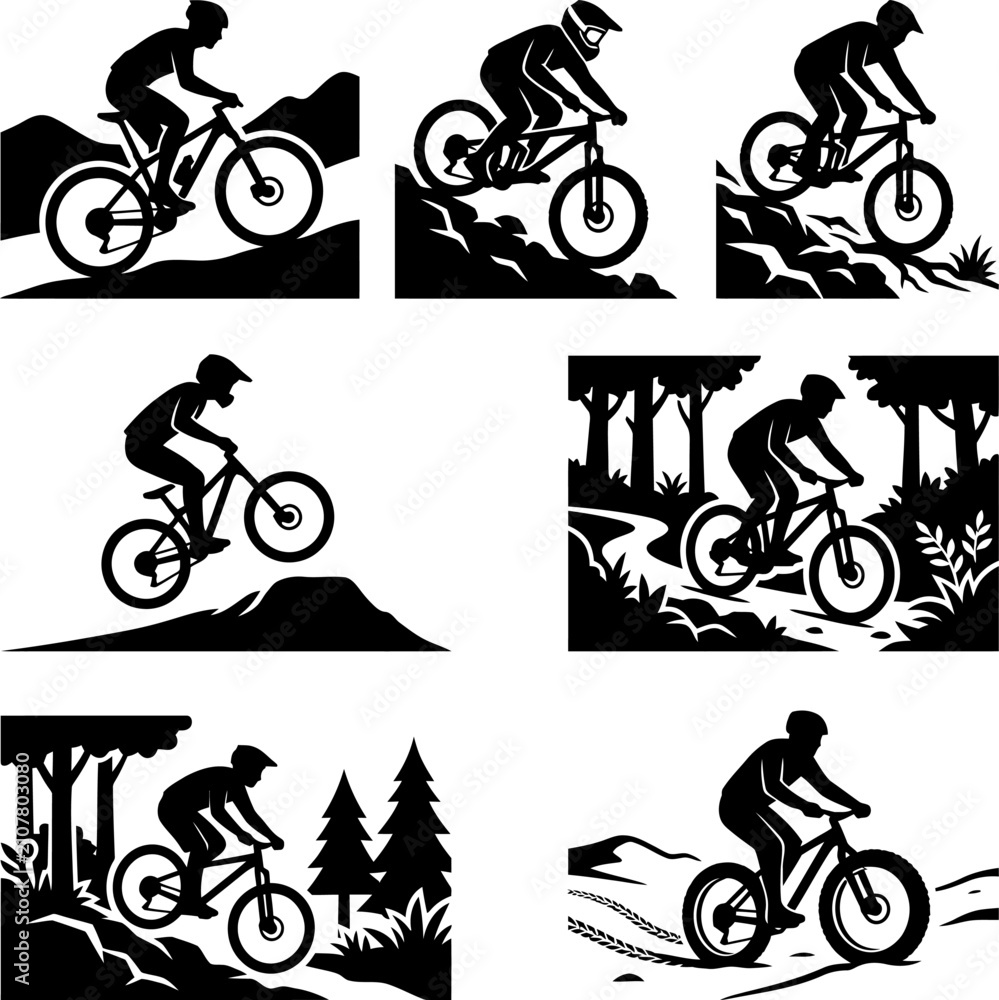 Fototapeta premium Mountain bike silhouette collection, various styles of riders in action, perfect for sports and outdoor adventure designs, black and white vector art.