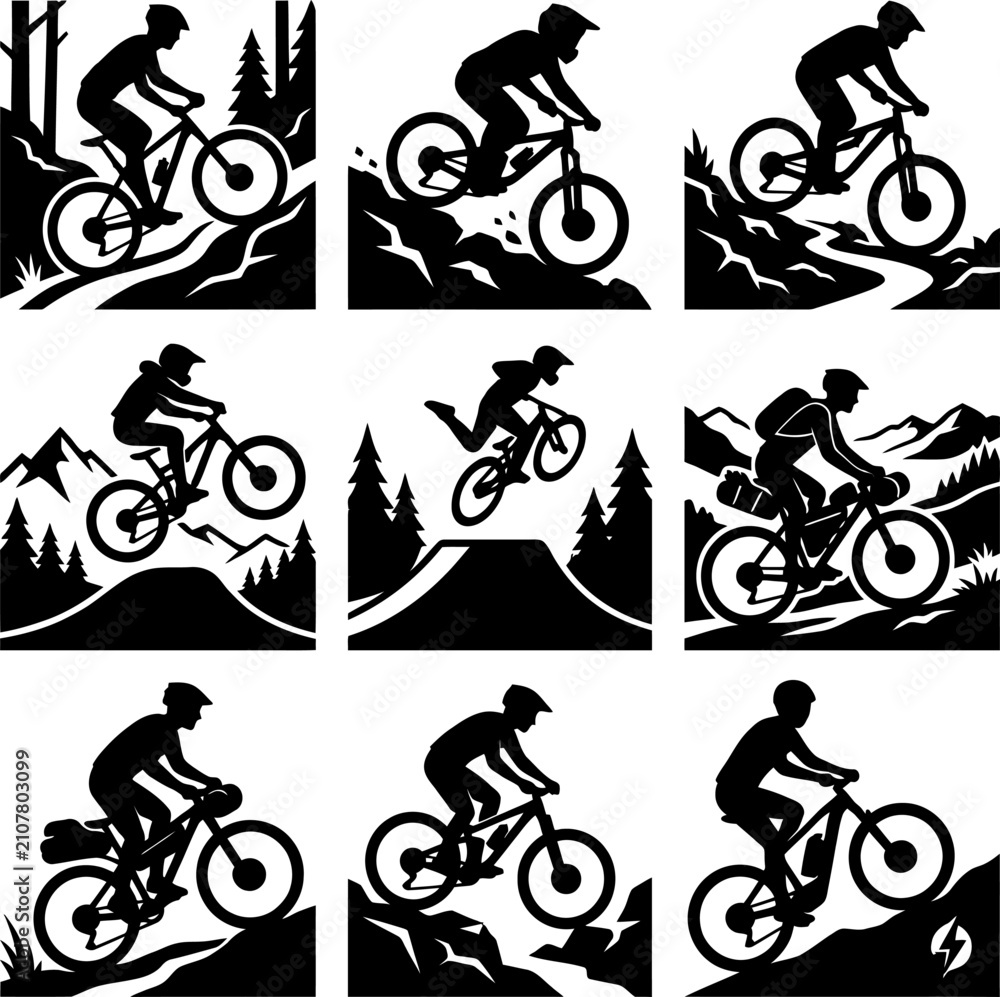 Fototapeta premium Mountain bike rider silhouette collection with various action poses and natural landscapes, ideal for outdoor sports and adventure designs, vector art.
