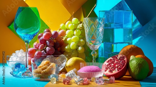 Vibrant Fruit and Crystal Still Life on Colorful Background
