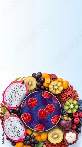 Healthy Superfood Fruits Framing Red Blood Cells Microscopic Graphic Concept