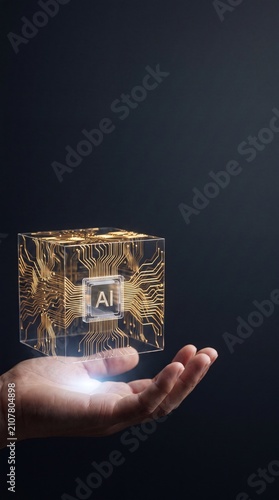 Human Hand Holding Holographic AI Cube Futuristic Digital Technology Concept