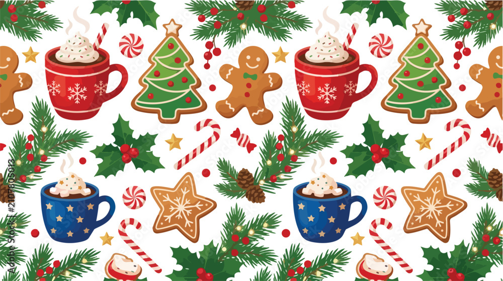 Obraz premium Seamless Christmas Pattern with Gingerbread Cookies and Hot Cocoa.