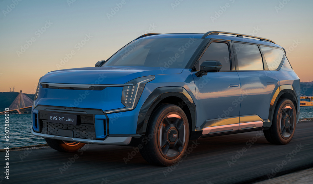 Obraz premium The Kia EV9 GT on the road.3D rendering.