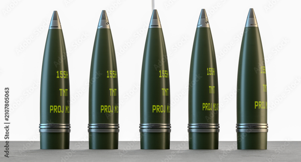 Fototapeta premium A 155 mm artillery shell on a white background.3D rendering.