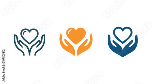 Three colorful heart icons held in open hands representing care and charity Vector