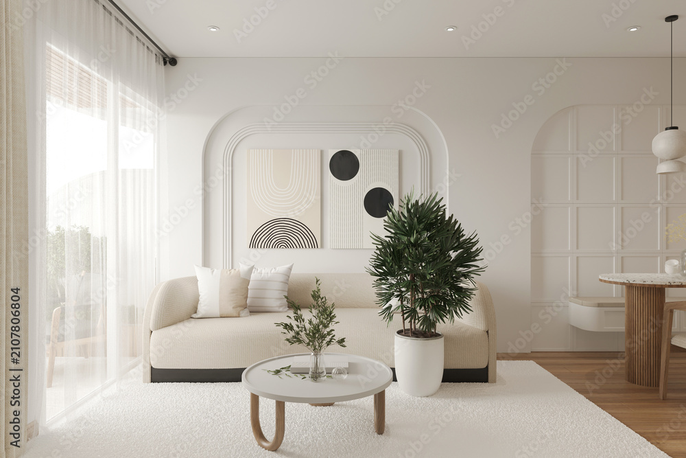 Fototapeta premium Stylish apartment interior. white wall color, couch and plants.
