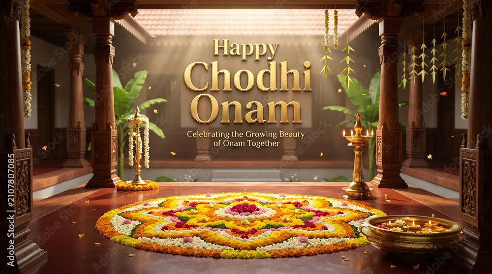 Fototapeta premium Happy chodhi onam celebration background with traditional floral pookalam design