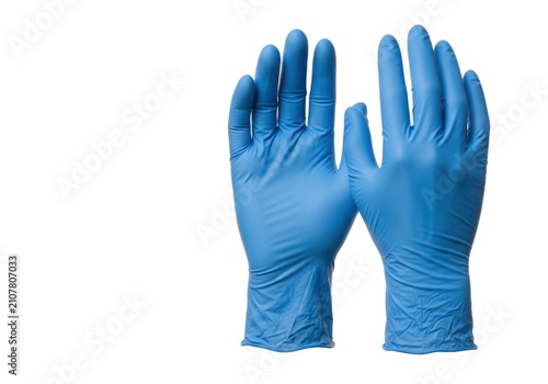 Pair of Blue Nitrile Examination Gloves on White Background for Medical and Safety Use.