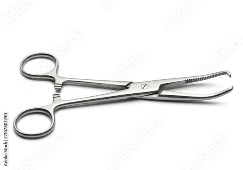 Surgical Instrument - Curved Hemostatic Forceps on White Background.