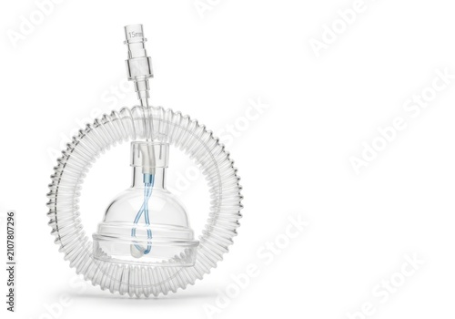 Transparent Medical Breathing Circuit for Ventilator on White Background.