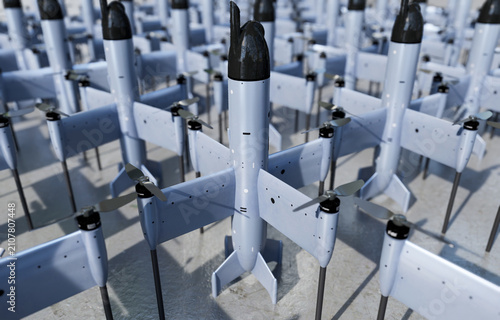 Anti-drone system.Next-generation interceptor drones on the warehouse floor.3D Render.