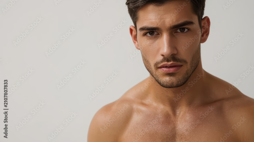 Fototapeta premium Muscular shirtless man portrait, close up, minimal studio lighting, intense expression