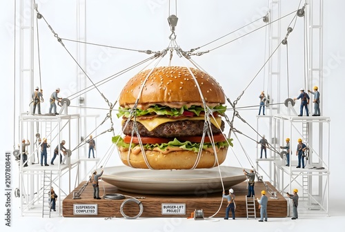 Giant burger under construction by miniature workers and machinery