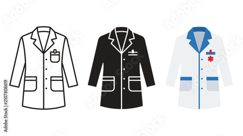Set of three doctor lab coat icons in outline silhouette and flat color style Vector