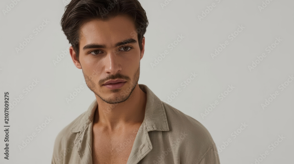 Obraz premium Athletic man portrait, close up, minimalist, neutral background, serious expression