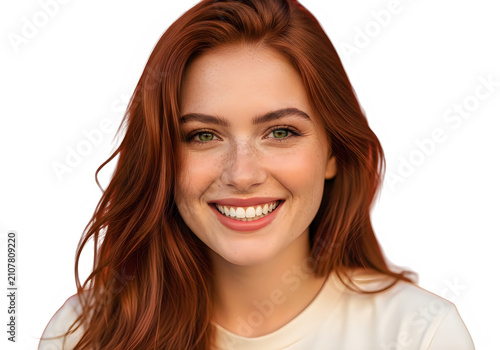 Beautiful young woman with long red hair smiling and looking at camera