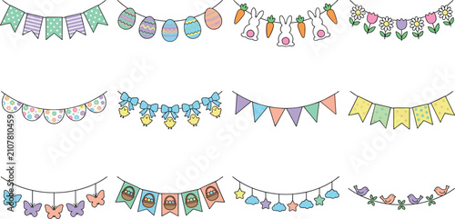 Fotografía Easter Garland and Bunting Flag Vector Icon Set with Cute Bunnies Painted Eggs C
