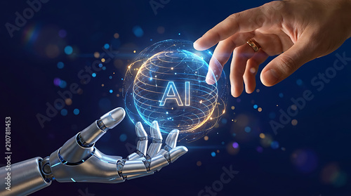 Human hand and robotic hand interacting with a glowing digital AI globe representing artificial intelligence technology and machine learning innovation.