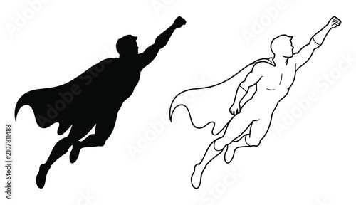 Photos Two superhero flying in silhouette and outline styles, showing a man with a cape