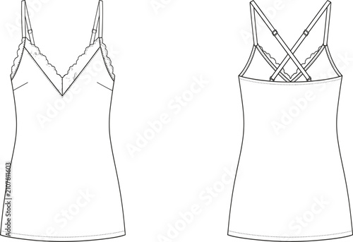 Obraz na plátně Fashion technical flat sketch of women lace trim camisole top with crisscross st