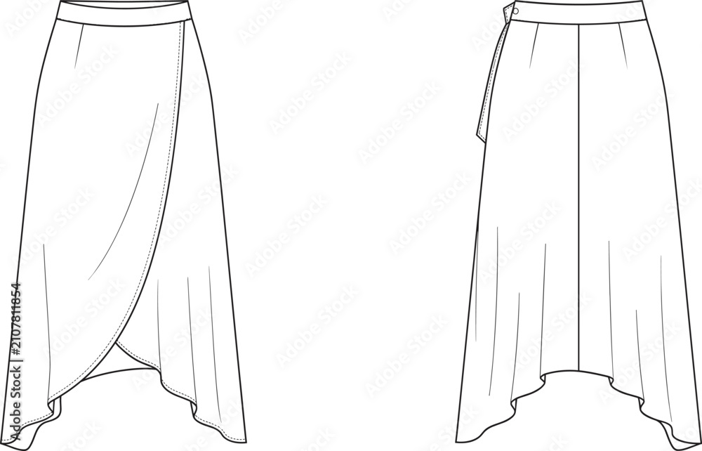 Photography Poster Technical flat sketch of women wrap midi skirt